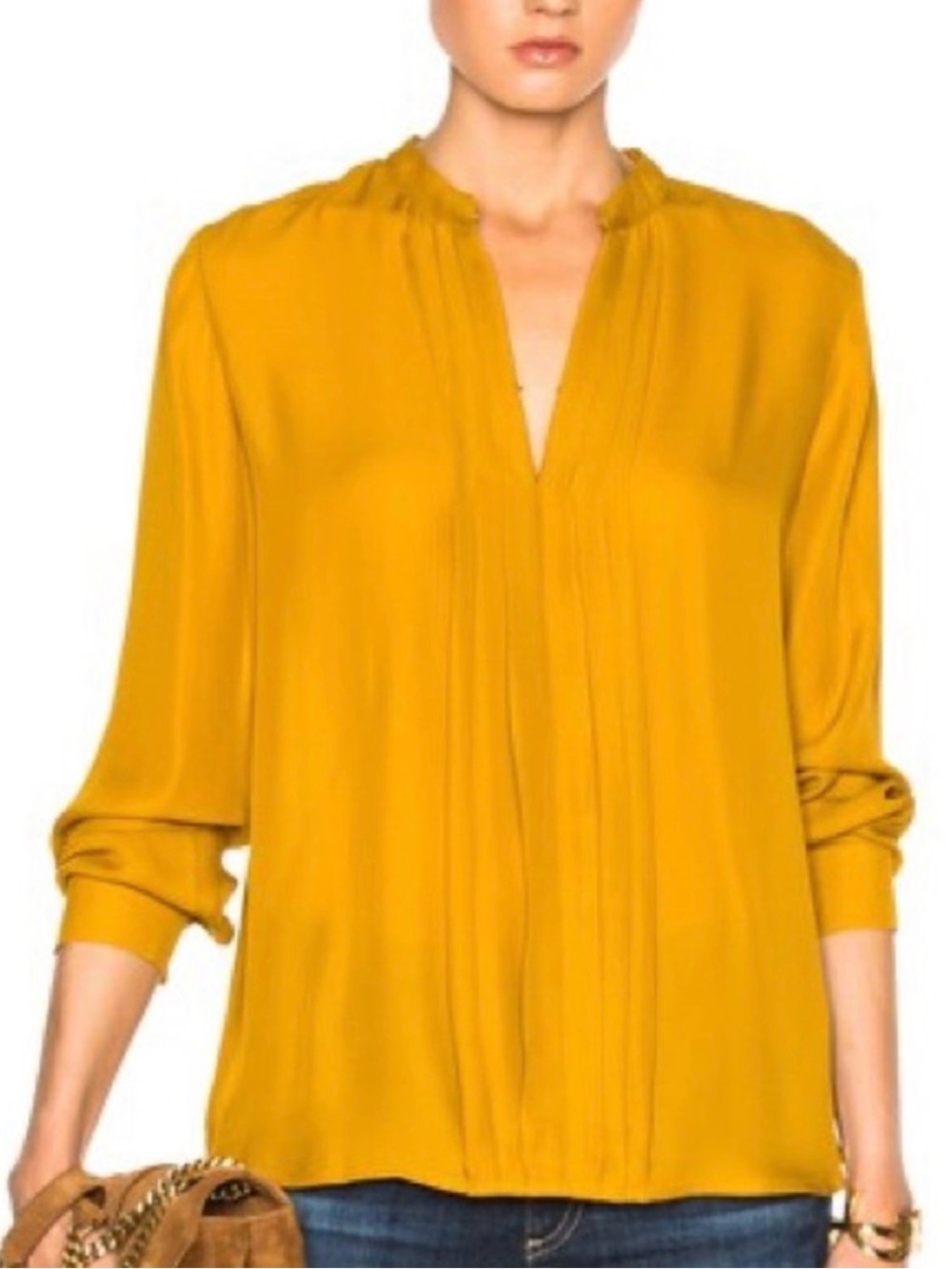 L'AGENCE Mustard V-Neck Pleated Long Sleeve Blouse Silk